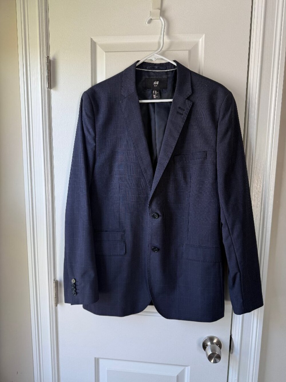 H&M Mens Navy Blue Plaid Suit Jacket Blazer Sz 42R Slim Fit